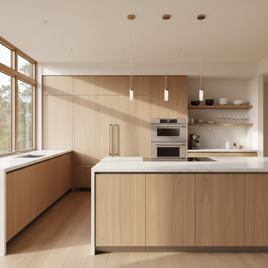 Bright upscale kitchen with integrated Viking-style appliances